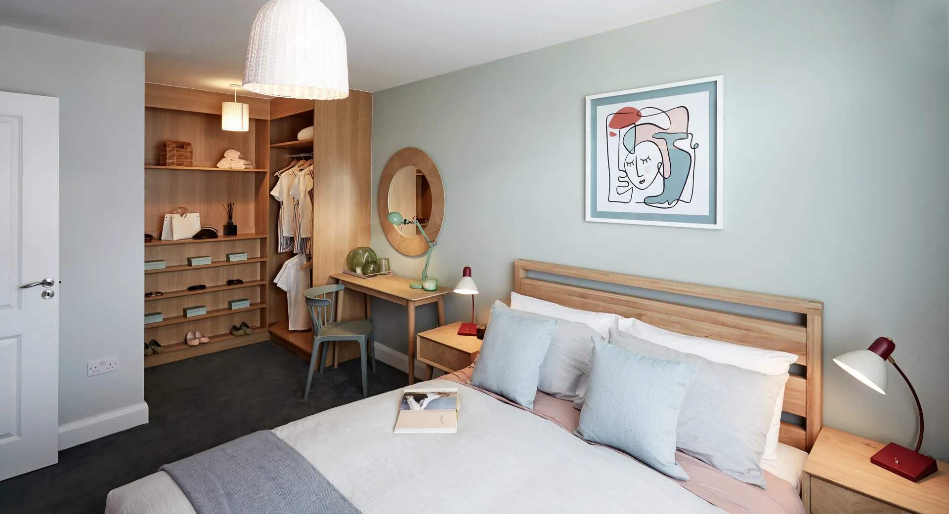 organised and tidy boy's bedroom with open wardrobe